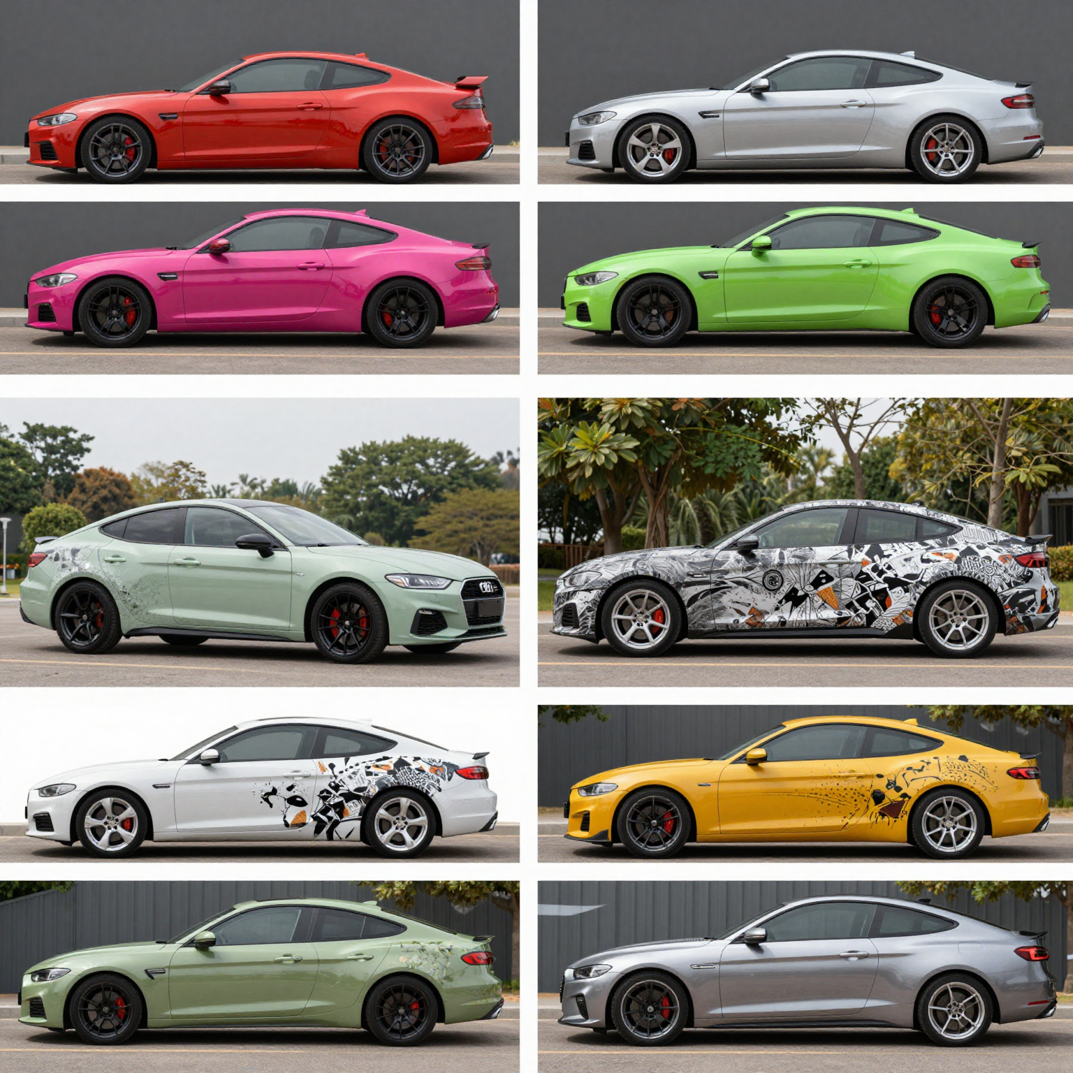 Examples of different styles of custom car wraps showcasing diversity and creativity
