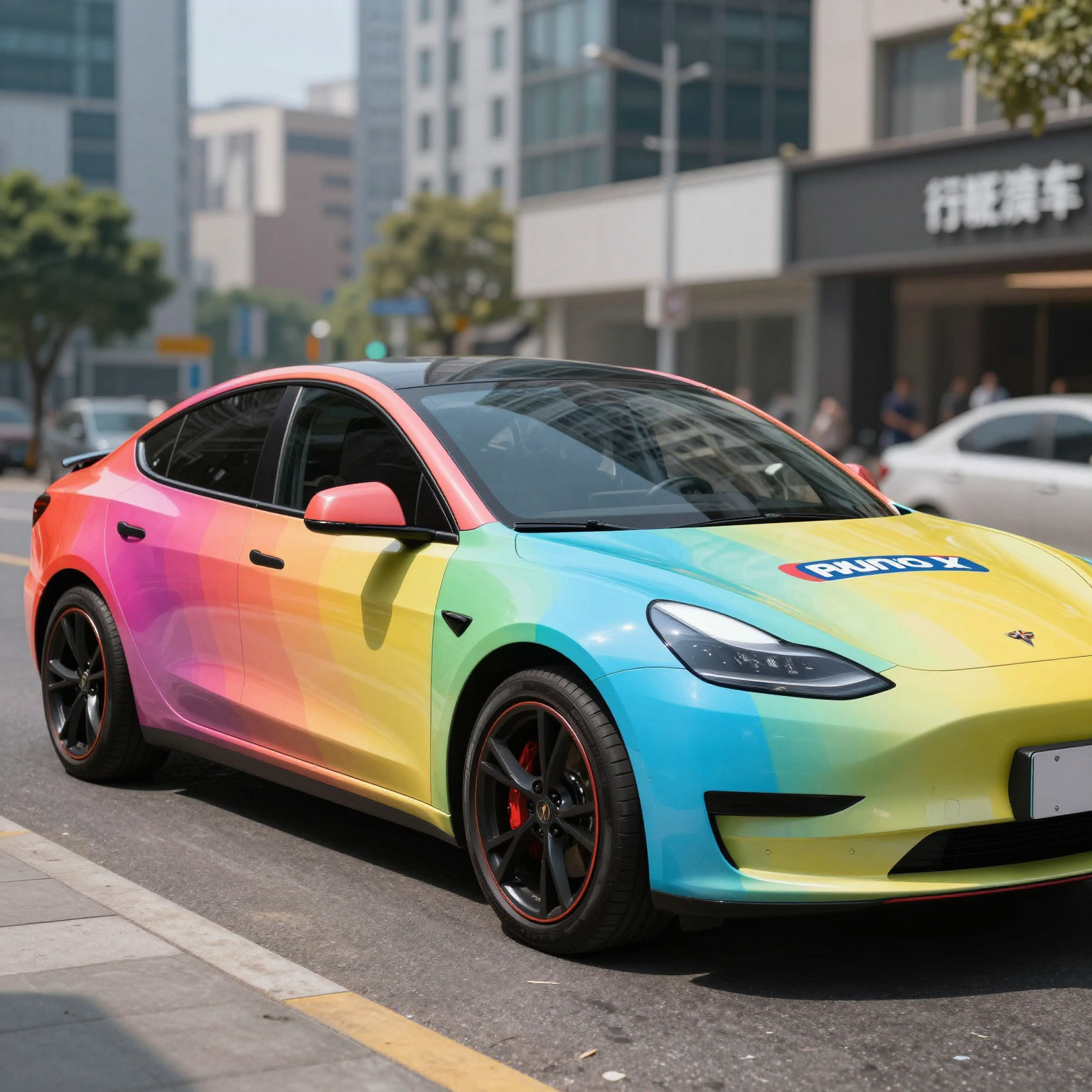 A vibrant car wrap design on a modern car in an urban setting
