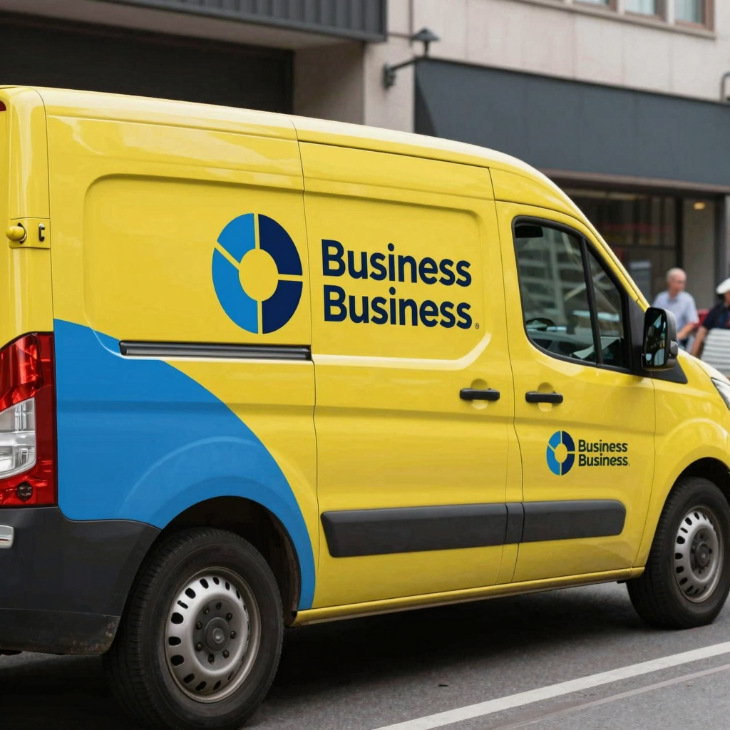 A vibrant, eye-catching vehicle wrap showcasing a business logo, with a backdrop of a busy urban environment, highlighting increased visibility and brand recognition for businesses.