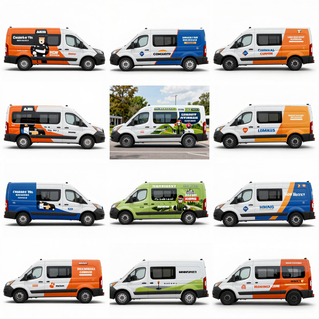 A collage of successful vehicle wrap designs from New Jersey businesses, showcasing different types of businesses like food delivery, landscaping, and retail.