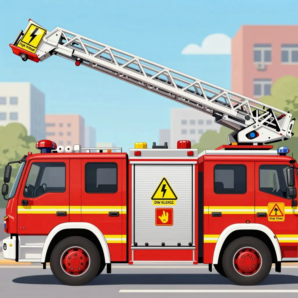 A ladder fire truck with electrical hazard labels
