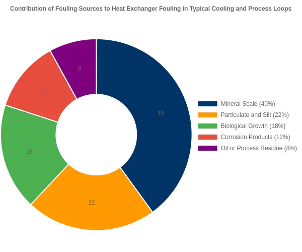 Doughnut chart showing the contribution of fouling sources to heat exchanger fouling in typical cooling and process loops: mineral scale 40%, particulate and silt 22%, biological growth 18%, corrosion products 12%, and oil or process residue 8%.
