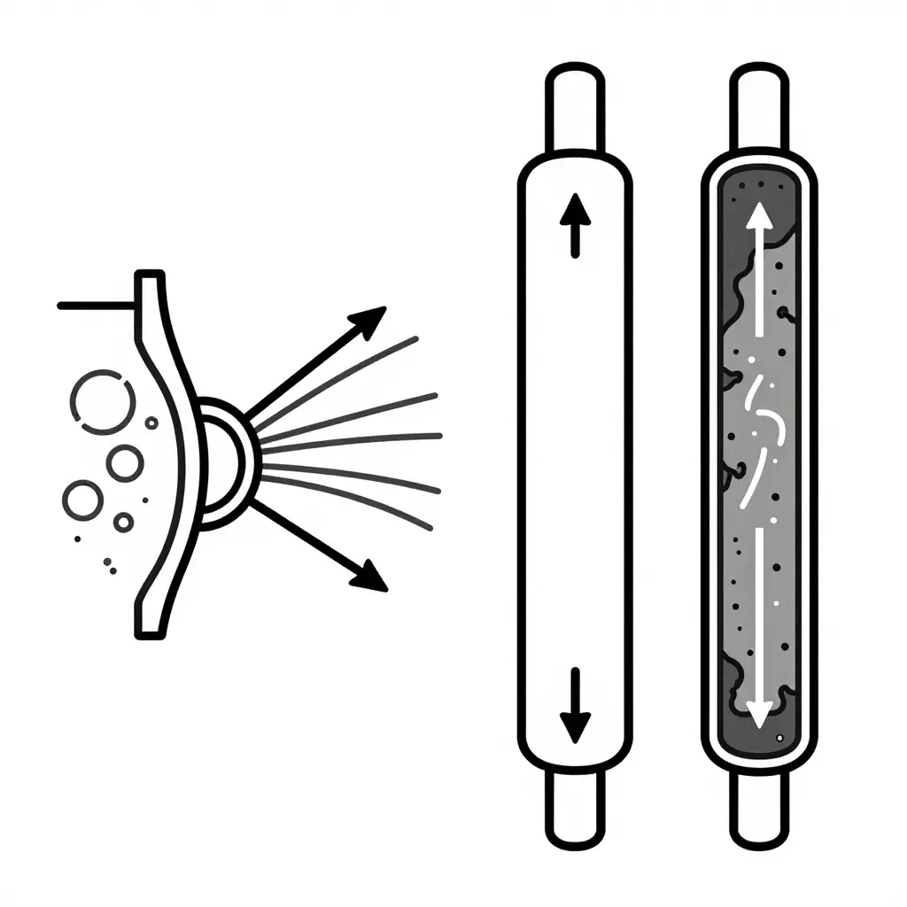Flat monochrome line diagram showing a centrifugal pump impeller eye with vapor bubbles forming on the low-pressure side, paired beside a clean versus fouled heat exchanger tube comparison, with flow arrows and no text